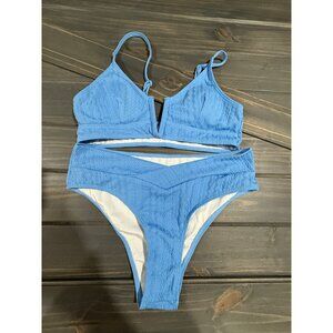 Blue Textured Two-Piece Bikini Set With Adjustable Straps Medium Coverage Bottom
